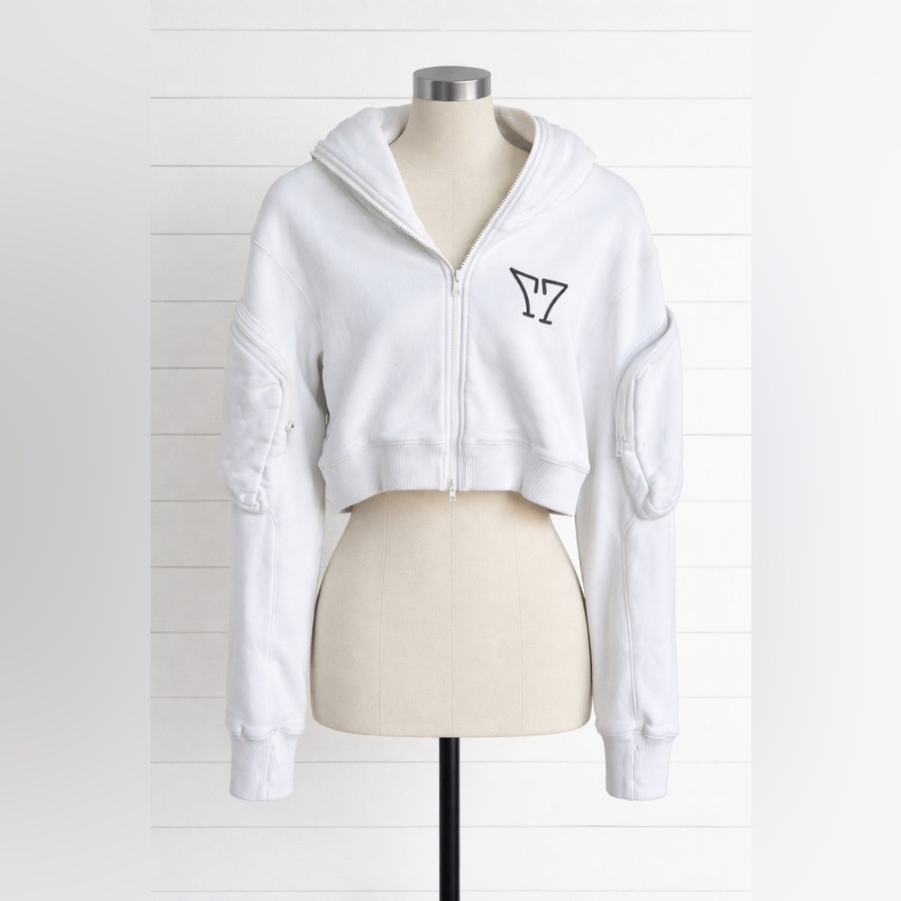 SMFK – Cropped Zip Hoodie – White – Sleeve Pocket Detail – Sz. S